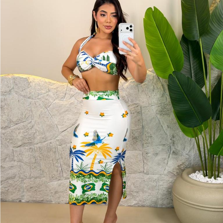 Conjunto Feminino Brasil 🇧🇷 Cropped + Saia Midi Fenda Suplex Não Marca Não Transparente