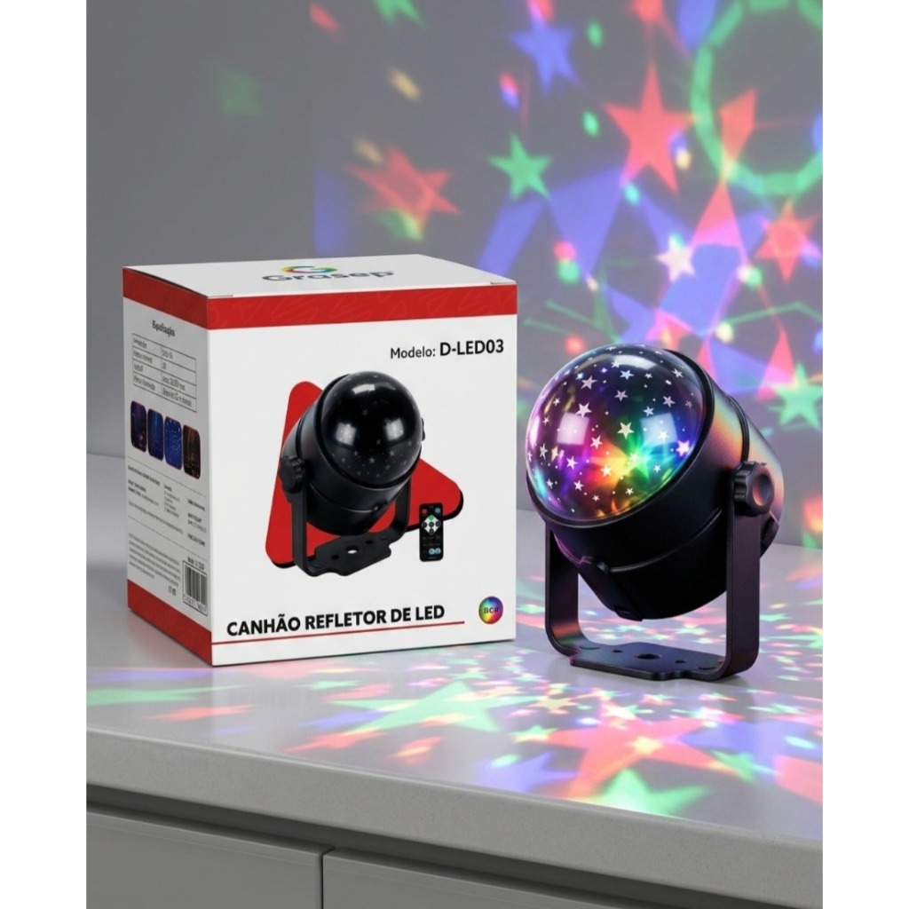 Projetor Canhão Refletor LED RGB Efeito Estrelas Com Controle Remoto D-LED03