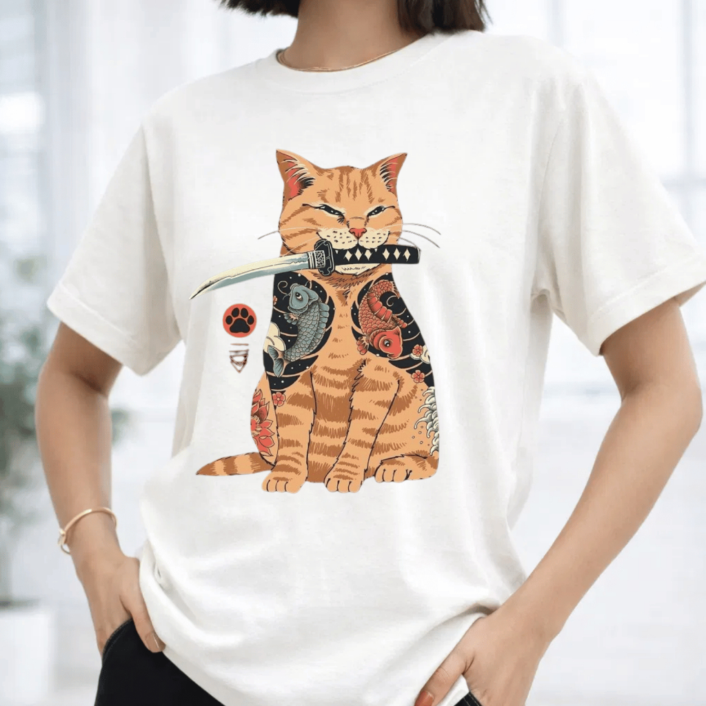 Camiseta Feminina Basica Camisa Algodão Blusa Katana Tshirt Gato Japones Coreano Camisa Kpop