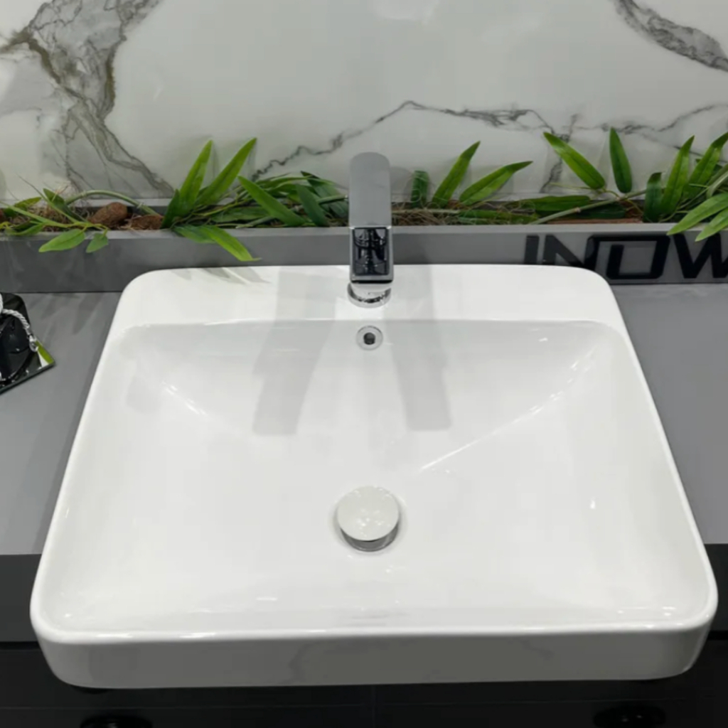Cuba 59.5x37 Porcelana Louça Branca Jawa Semi-Encaixe com Válvula Click para Banheiro Lavabo
