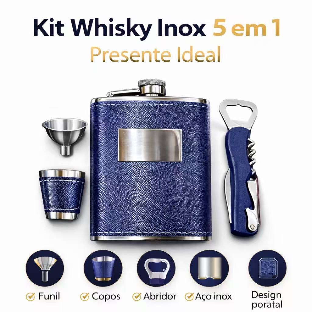 Kit Whisky Inox 270ml Premium com Copos Funil e Abridor – Cantil Aço Inoxidável Presente Masculino Luxo