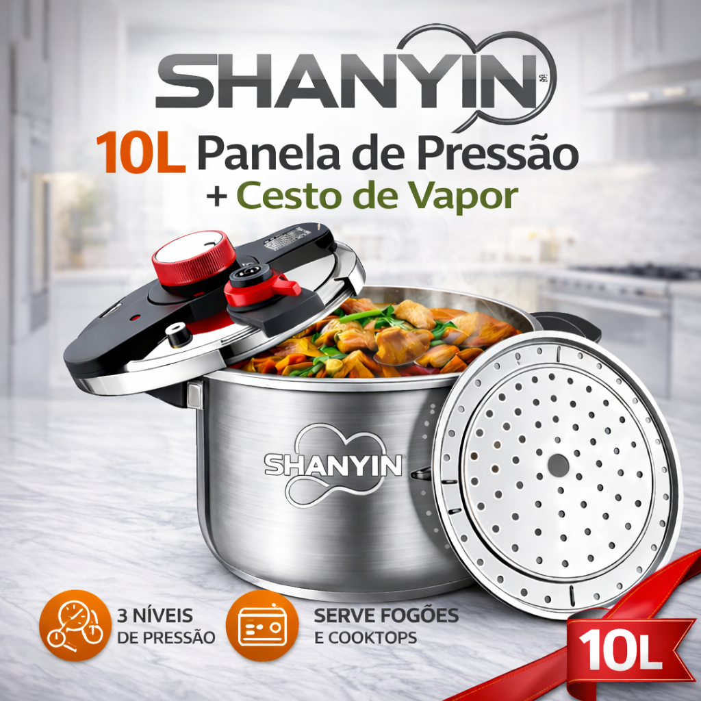 Imagem 【SHANYIN】Panela de Pressão Inox 10L com Vapor | 3 Níveis de Pressão | Indução e Todos os Fogões