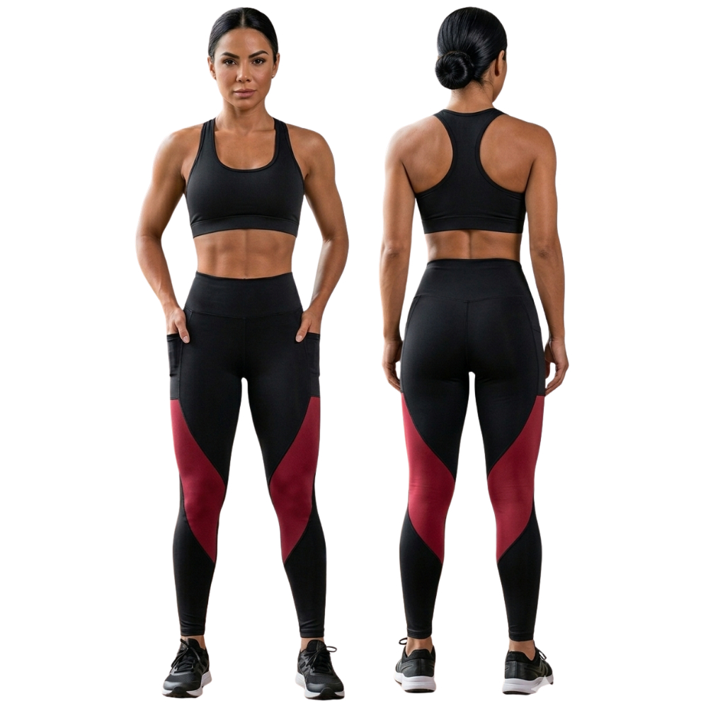 Calça Legging Feminina Academia Suplex Poliamida Zero Transparência  Bolso Lateral Recorte Bicolor Cintura Alta PP ao G