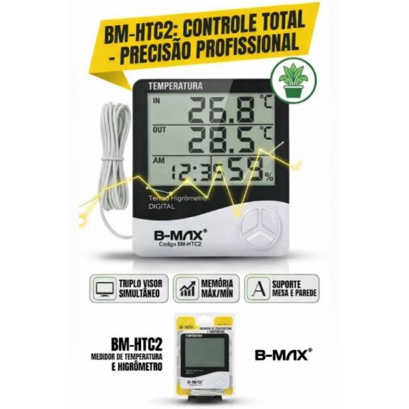 Termômetro Higrômetro Digital B-MAX Com Sensor Externo Medidor Umidade Temperatura Relógio Chocadeira Grow