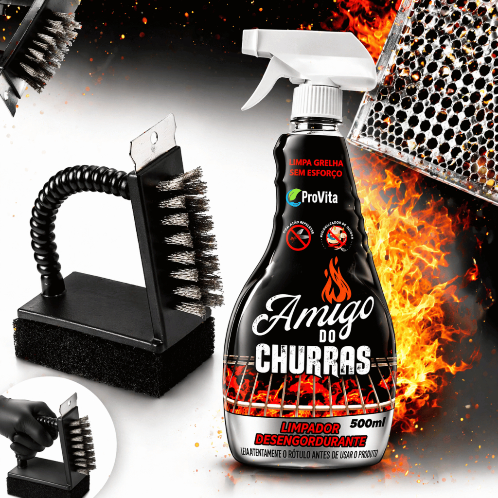 Kit Limpa Grelha Spray Premium Desengordurante Amigo do Churras + Escova Limpa Grelha com Raspador