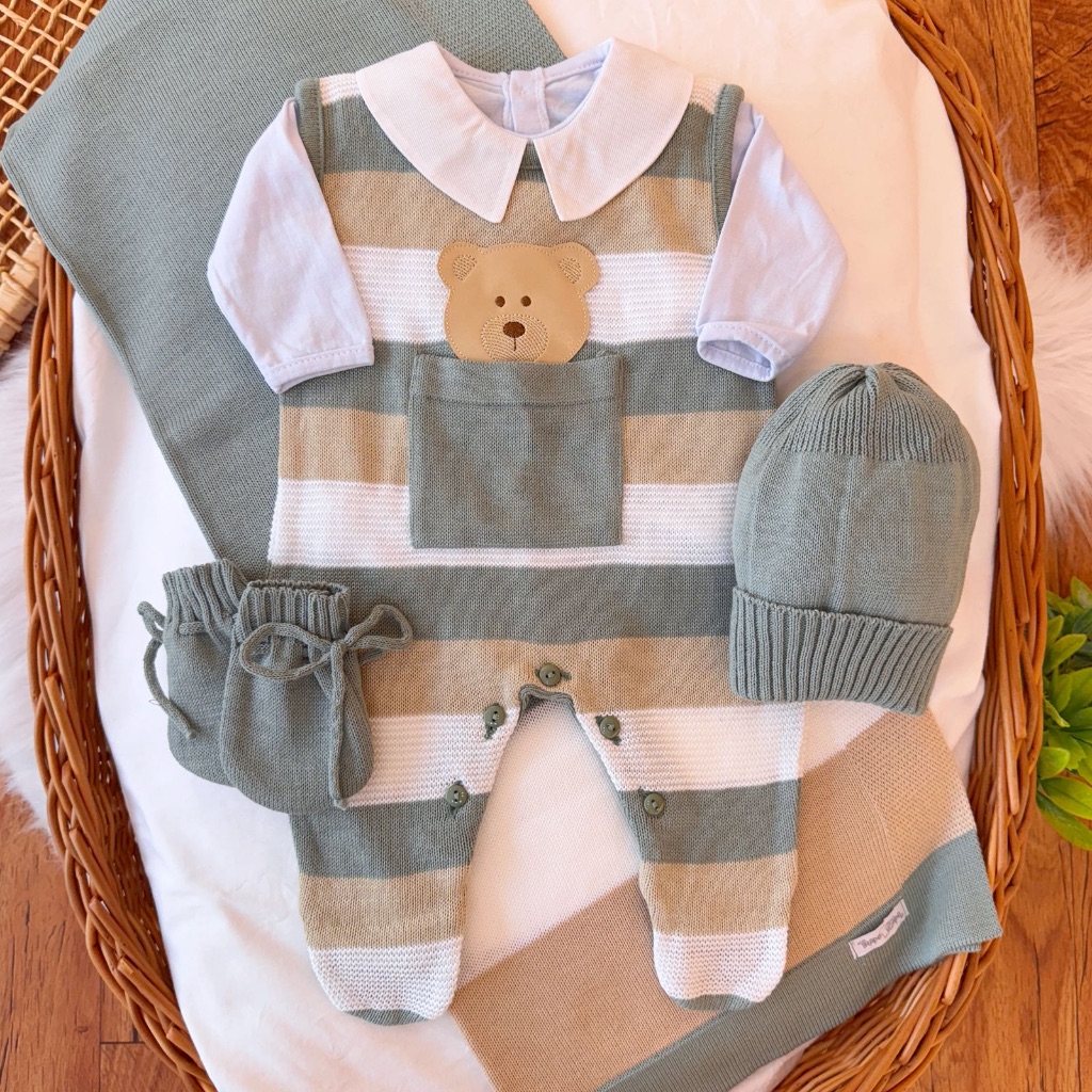 Saída De Maternidade Menino 5 Peças- Ursinho bolso MACACÃO + MANTA + BODY + TOUCA + LUVAS