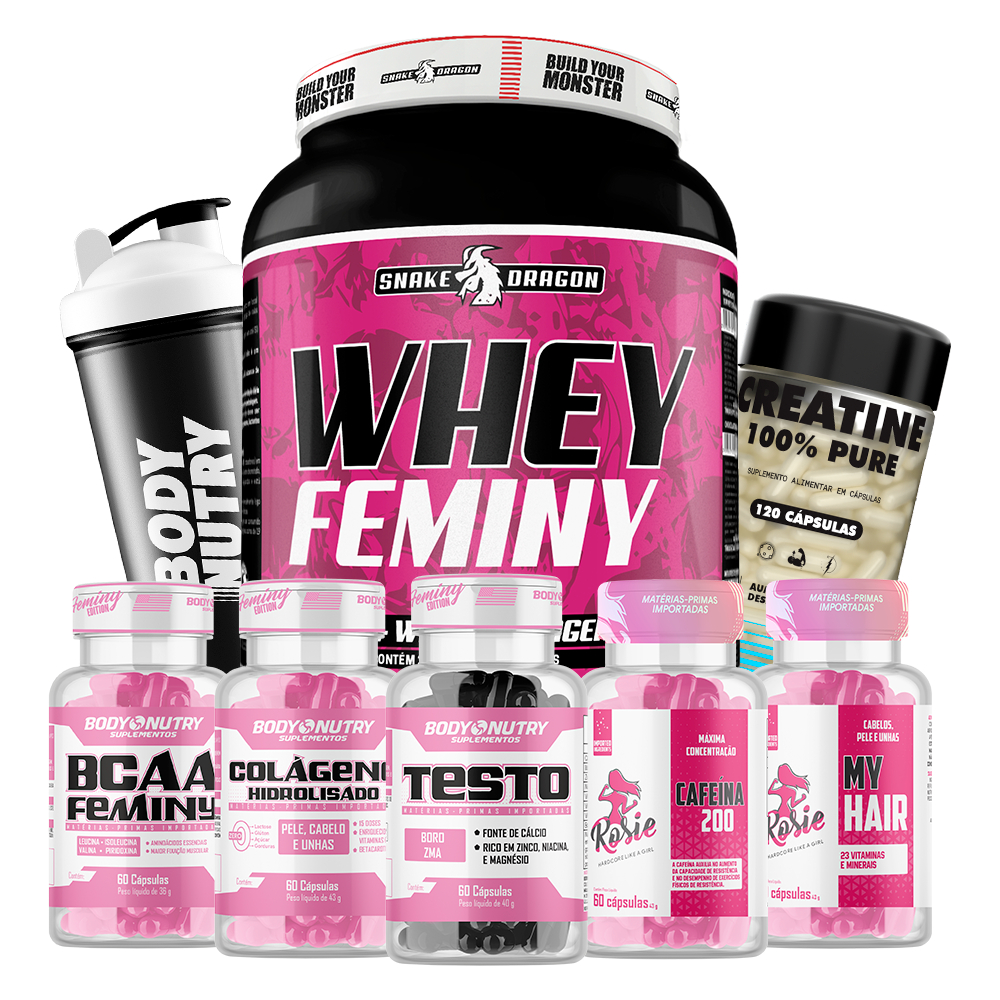 Imagem Kit Feminino - Whey Protein 907g + Creatina 120c + BCAA  + Colágeno + Testo + Cafeina + My Hair