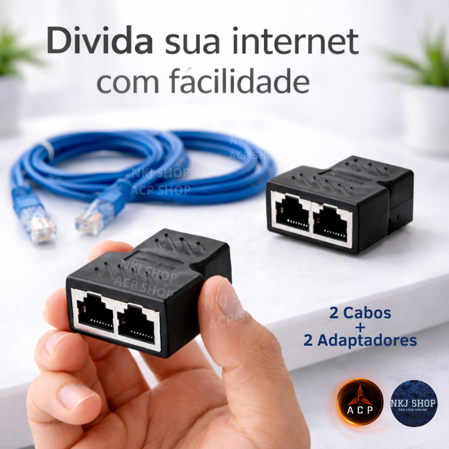 Adaptador RJ45 2x1 Divisor Internet LAN + 2 Cabos Rede 1m Kit
