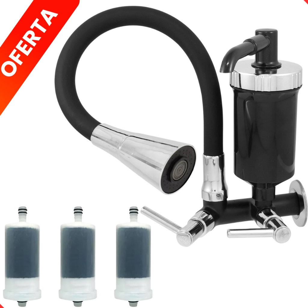 Torneira Cozinha Parede Filtro Tubo Flexível Dupla Função Gourmet Luxo Metal + 3 Refil Luxo