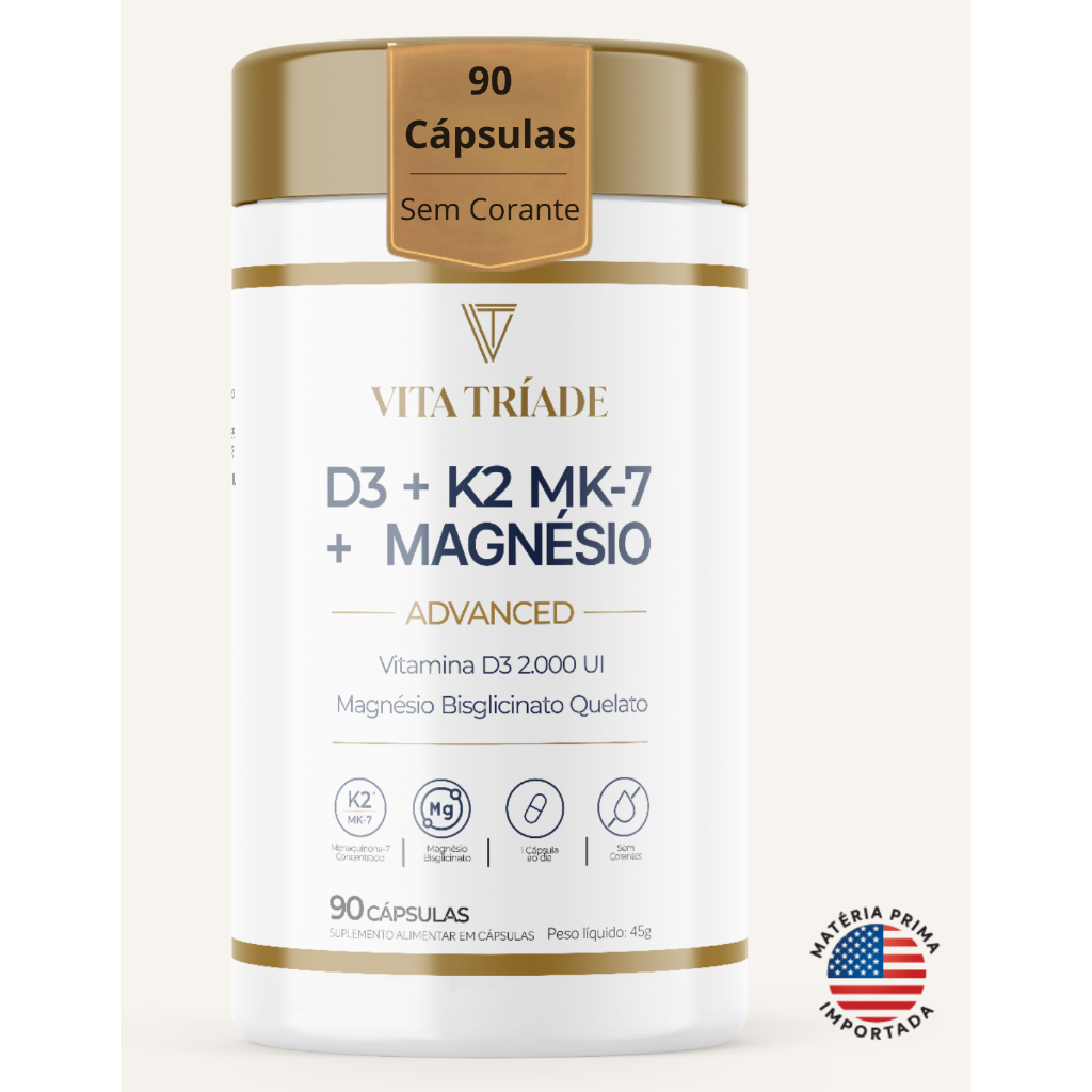 Vitamina D3 K2 + Magnésio Bisglicinato | D3 2000UI |  Vitamina K2 MK-7 149mcg | 90 Cápsulas 3 meses
