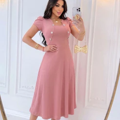 Vestido Feminino Midi Rodado Evangélico Detalhes de Botão Manga Bufante Malha Canelada Blazer Fake
