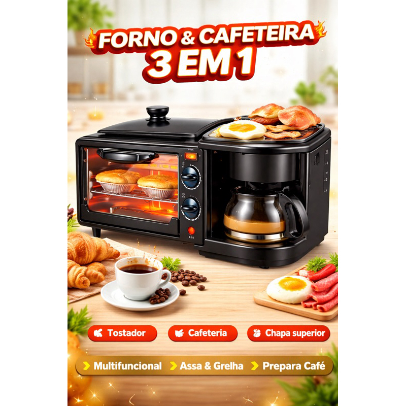 Forno + Cafeteira + Grill 3 em 1 Máquina Multifuncional Café da Manhã Premium 2800W