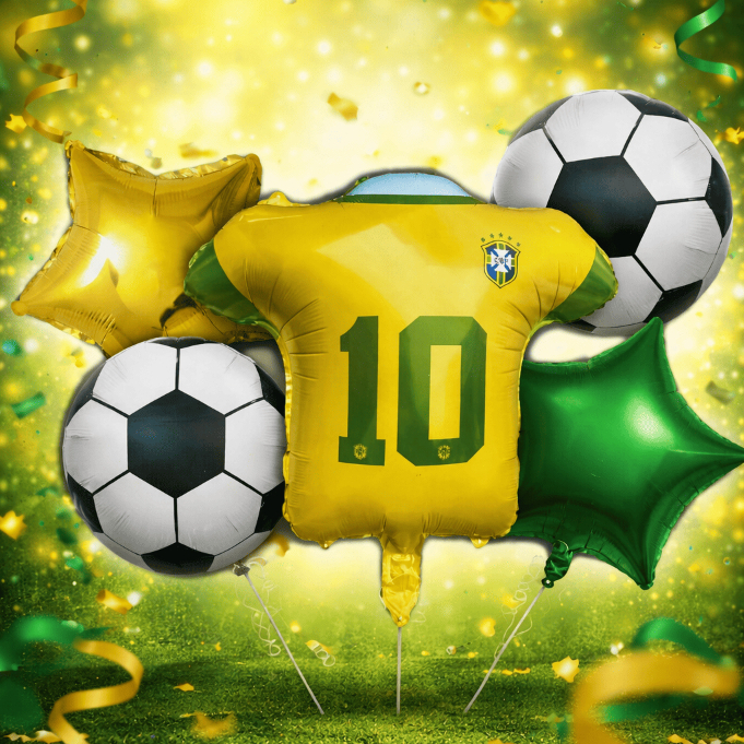 Kit Balões Metalizados Futebol Brasil Camisa 10 Taça e Bola – 5 Unidades Decoração Festa Copa ⚽🇧🇷
