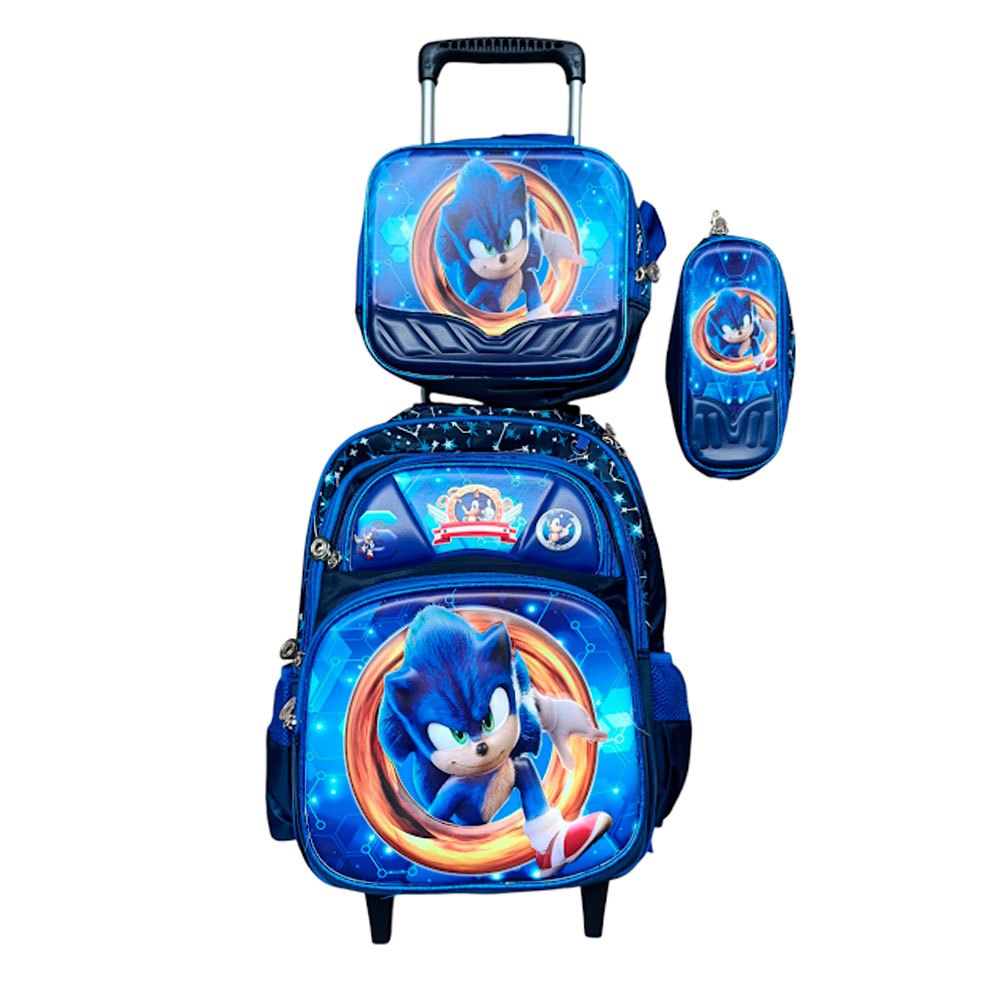 Kit Mochila do Sonic em 3D com Rodinhas + Lancheira Térmica + Estojo Escolar Infantil Alto Relevo