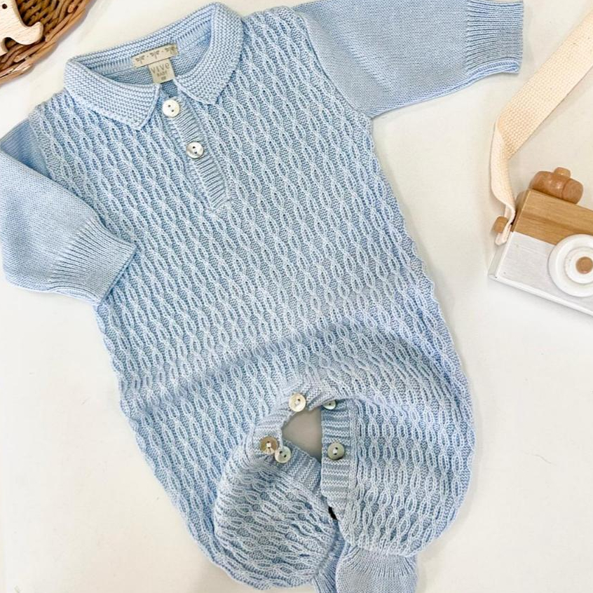 Macacão bebê liso Roupa Tricot Saída Maternidade Azul Claro Moda Infantil Menino Menina Polo