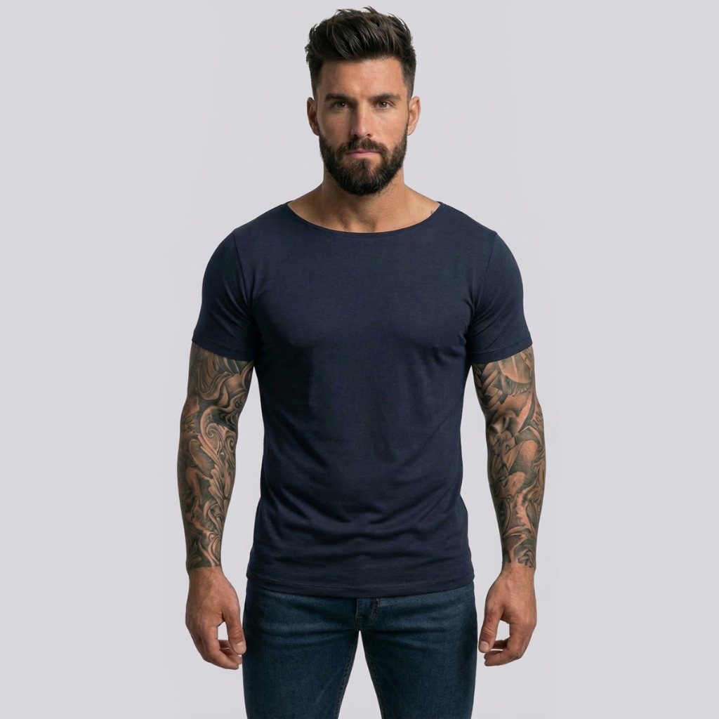 Camiseta Gola Canoa Masculina Viscose Elastano Slim Básica Manga Curta