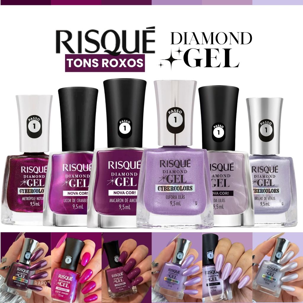 Kit Esmalte Risqué Novas Cores Cybercolors Risque Diamond Gel Tons Roxos e Lilas Esmalte Atacado