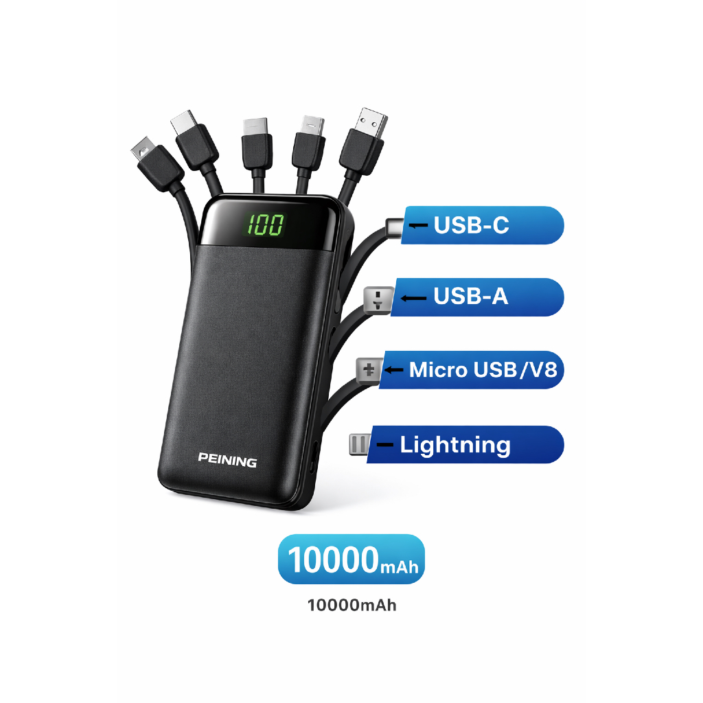 Power Bank 10000mAh Com Cabos Embutidos Carregador Portátil Turbo Android iPhone Rápido