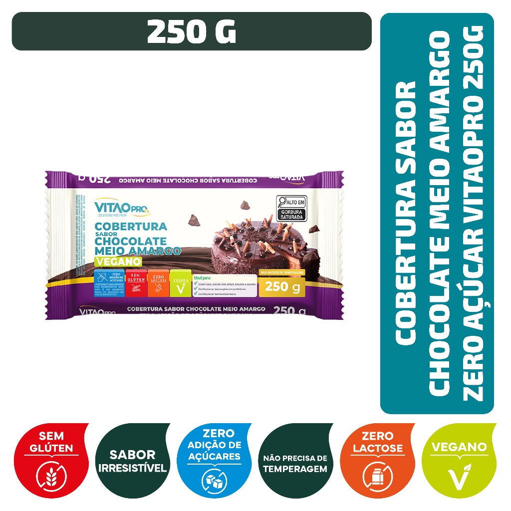 Cobertura Sabor Chocolate Meio Amargo Zero Açúcar Vitao PRO 250 g