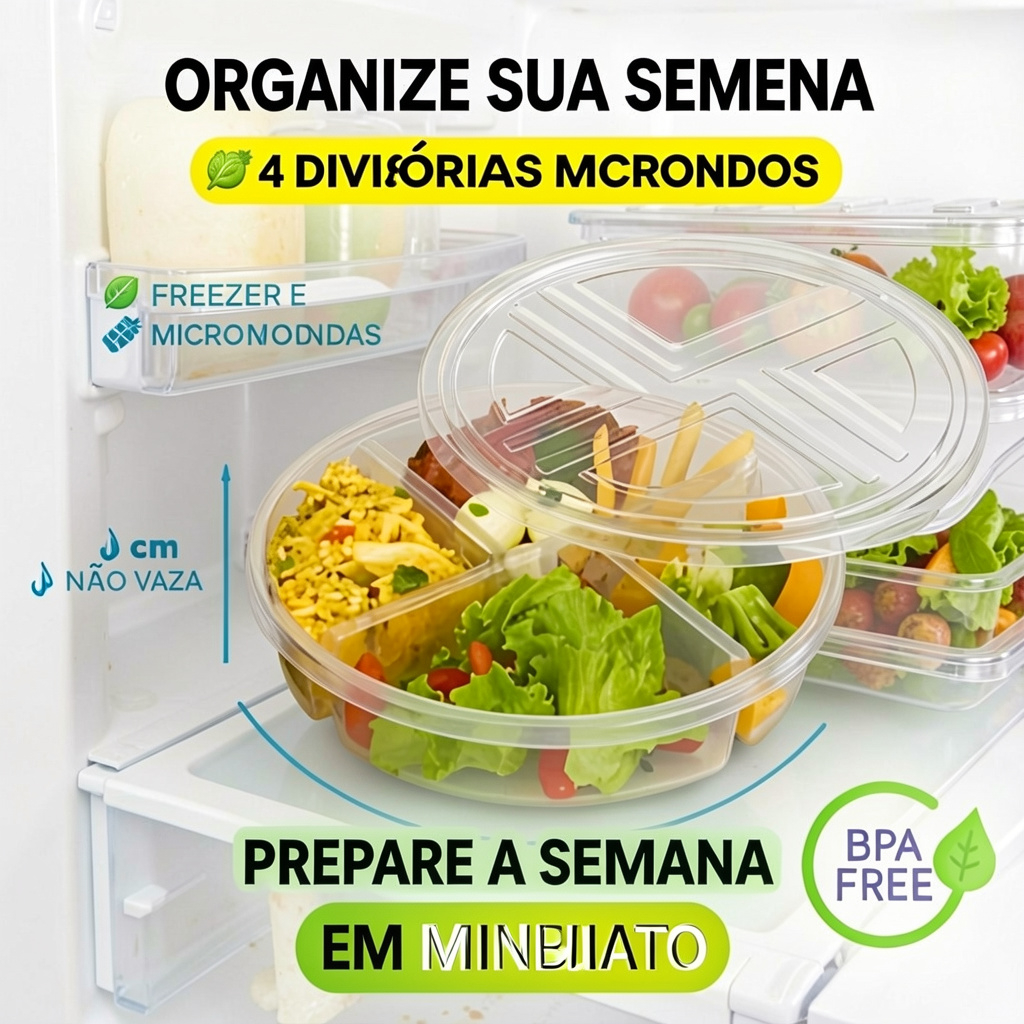 Marmita Fitness 4 Divisórias 1.1L Pote Organizador de Alimentos Freezer Microondas Sem Vazamento