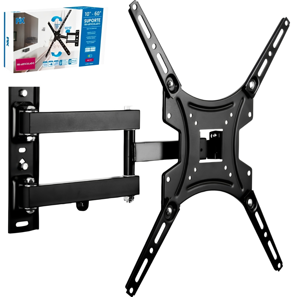 Suporte TV Tri-Articulado 10 a 60 Polegadas Kit Instalação Nível Bolha Parafusos I Opções Bi e Tri