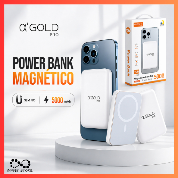 Power Bank Carregador Magnético 5000mAh 7.5W A’Gold – Carregamento Sem Fio por Indução para iPhone e Android