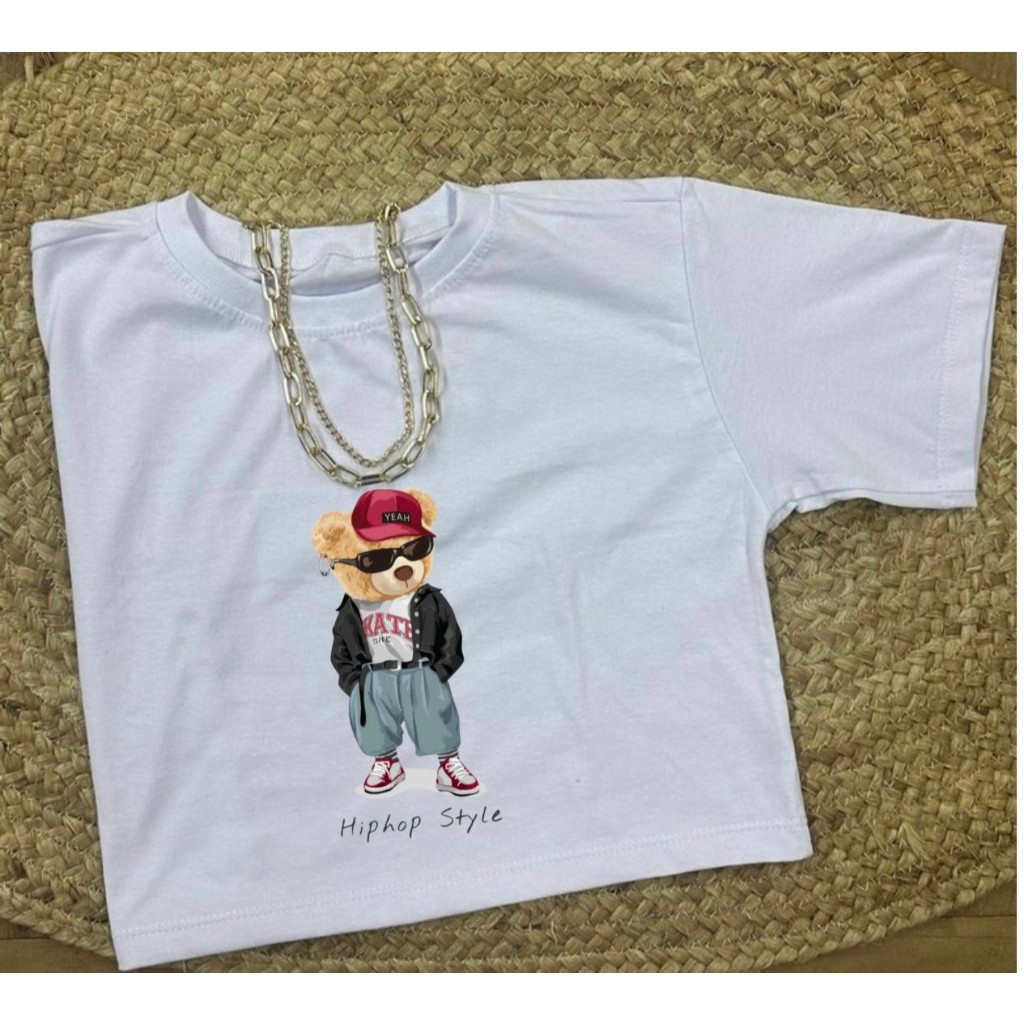 Cropped Camiseta Tshirt Algodão Feminino Macia Urso Estilosa Tendência Versátil Básica Confortável Marrom Passeio