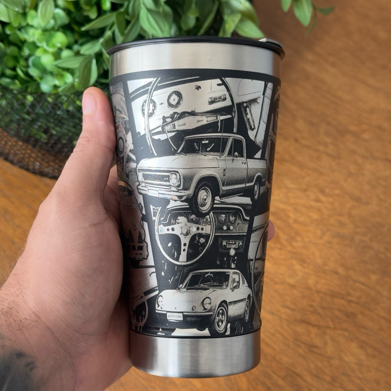 Copo Térmico Personalizado 473ml Gravação a Laser 360 Grau, Carros Antigos, Fusca, Opala, C10, Maverik, Chevette, Kombi