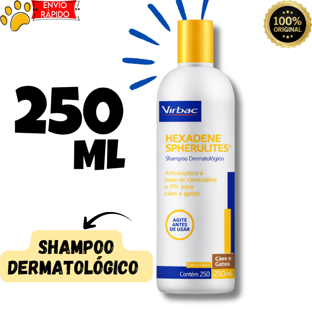Shampoo Dermatológico Hexadene 250ml Virbac Antisséptico Clorexidina para Cães e Gatos