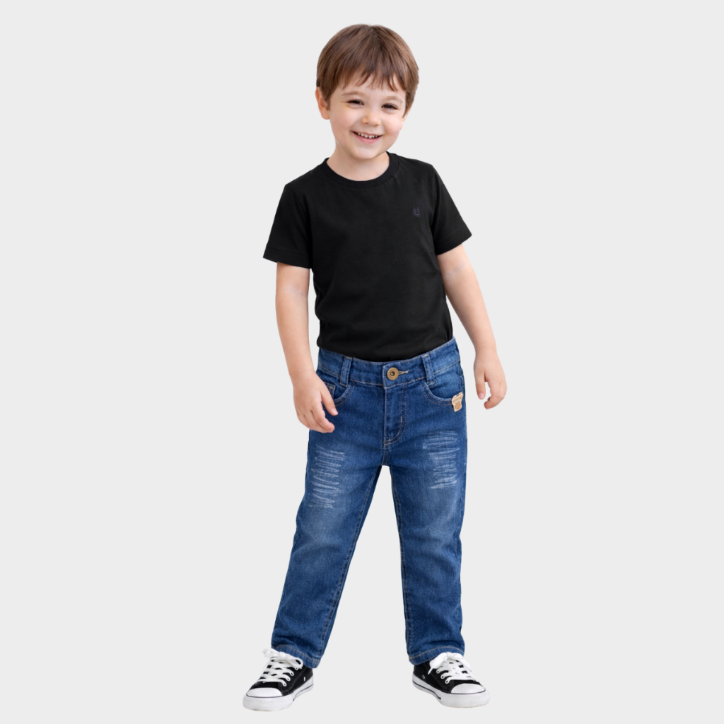 Calça Jeans Infantil Masculino Com Bolsos Ajustável Costura Reforçada Calça Azul Escuro Confortável