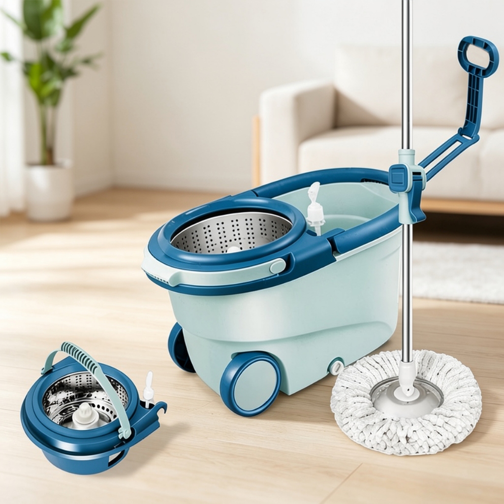 GM Bear Mop Giratorio Com cabo de 115 cm Cesto Em Inox - Balde Centrífuga com Dispenser Com rodas