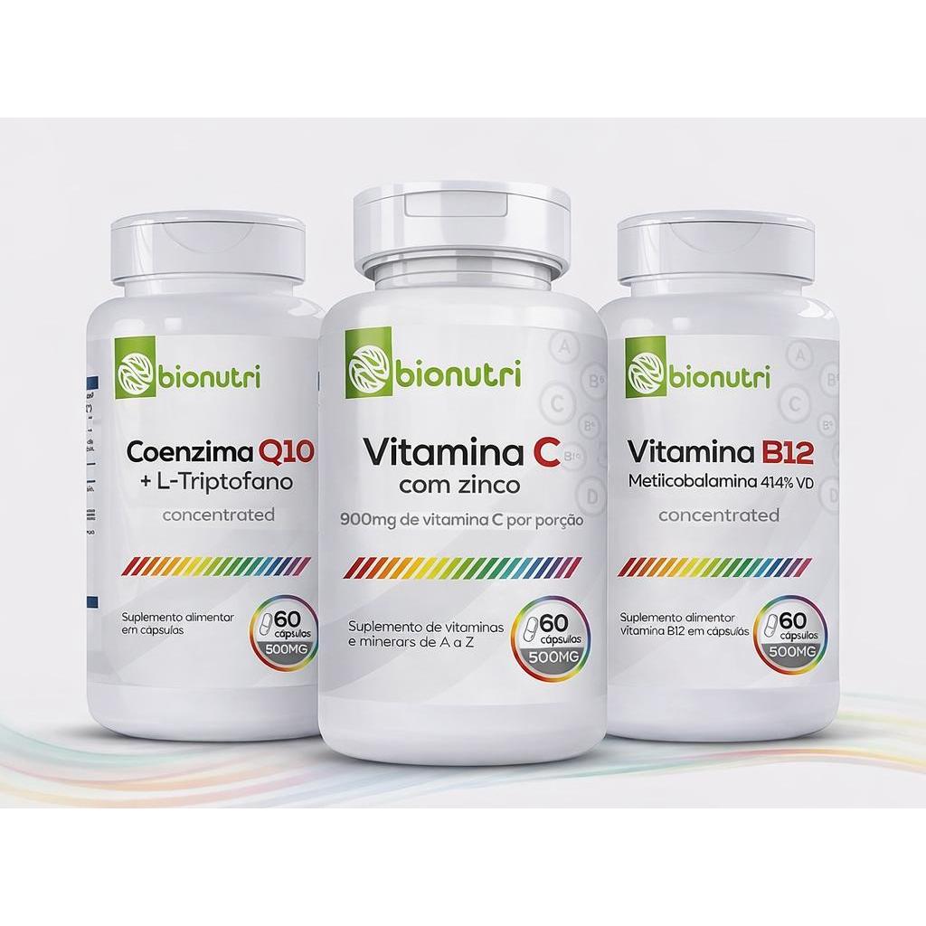 KIT VITAMINA B12 + VITAMINA C COM ZINCO + COENZIMA Q10 BIONUTRI 60 CÁPS CADA