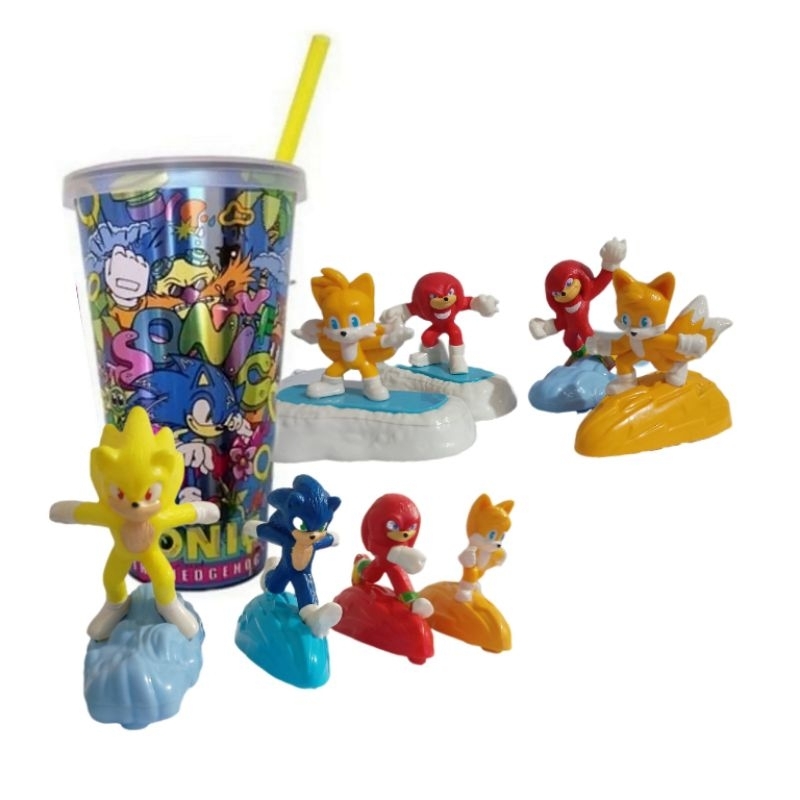 kit boneco e copo sonic the hedgehog tails knuckles MC donalds cinema sega nerd geek gamer