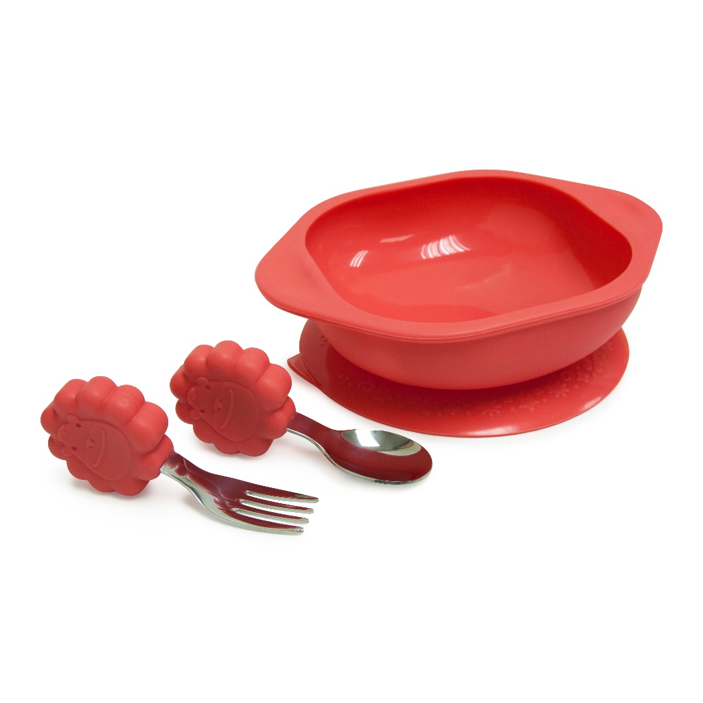 KIT COM TIGELA COM SUCÇÃO E PRIMEIRO GARFO E COLHER LEÃO MARCUS MARCUS