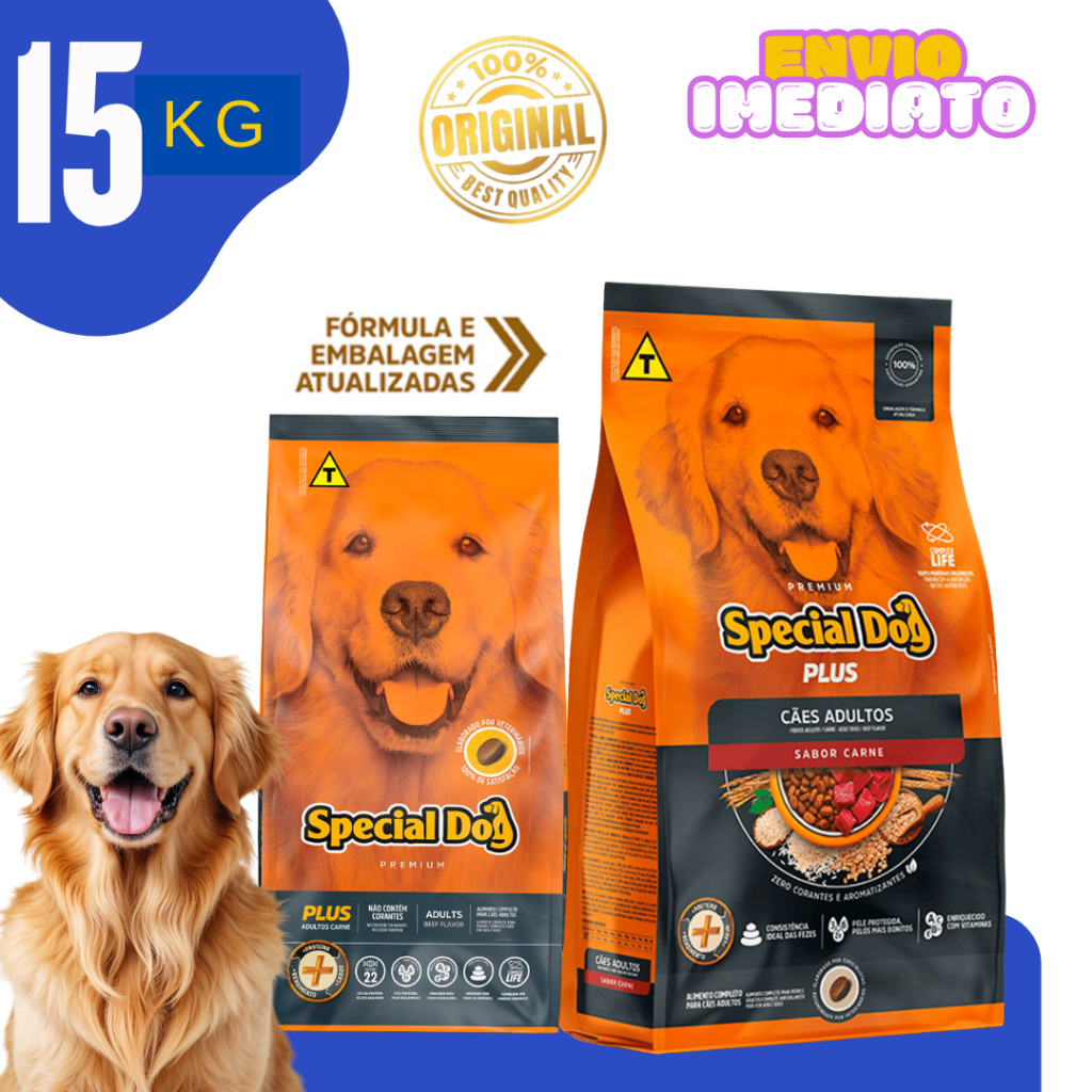 Ração Cães Adultos Plus Carne 10,1/15KG Nutrição Premium Pele e Pelagem Saudável - Envio Imediato