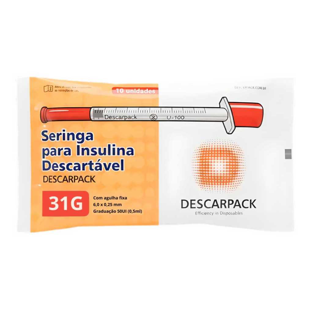 Seringa Insulina 0,5mL Agulha Ultra Fina 6x0,25mm 31G - Kit 10 unidades