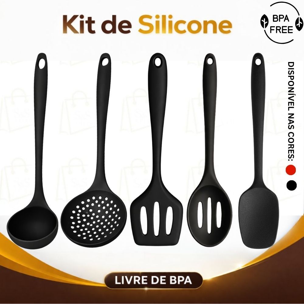 Kit 5 Utensílios de Silicone para Cozinha Preto ou Vermelho Resistente Antiaderente Livre de BPA