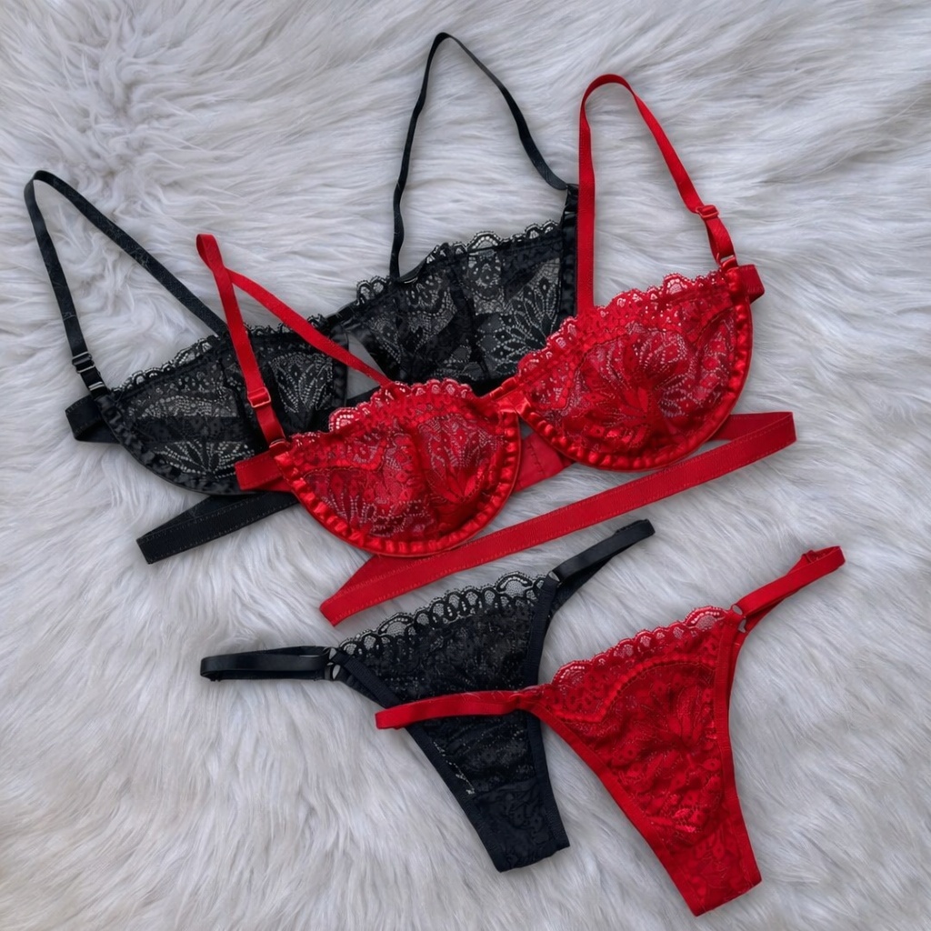 Lingerie Sexy Conjunto Feminino Kit 2 Sutiã Meia Taça De Renda + Calcinha Com Regulagem