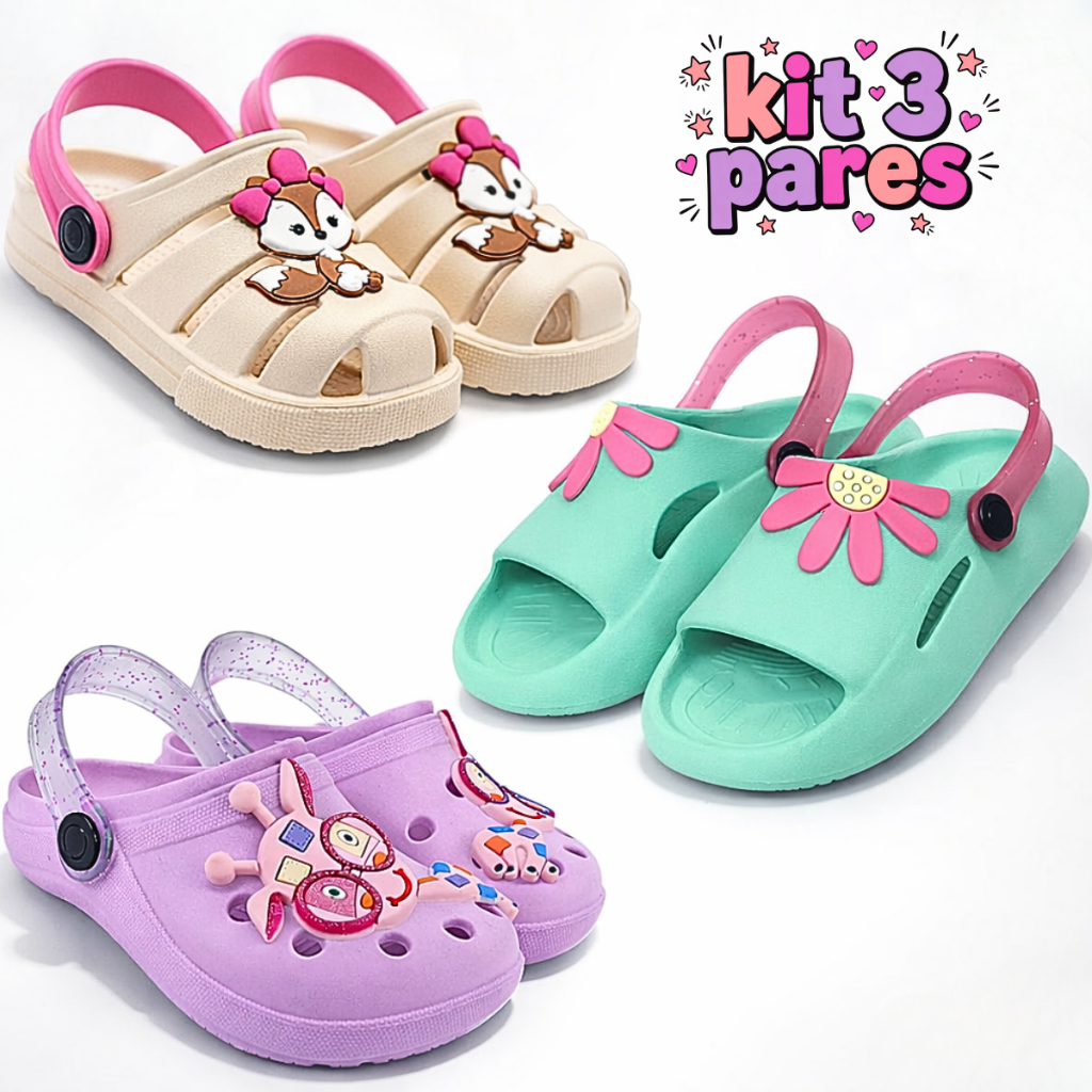 Kit 3 Pares Sandália Papete Infantil Menina Confortável