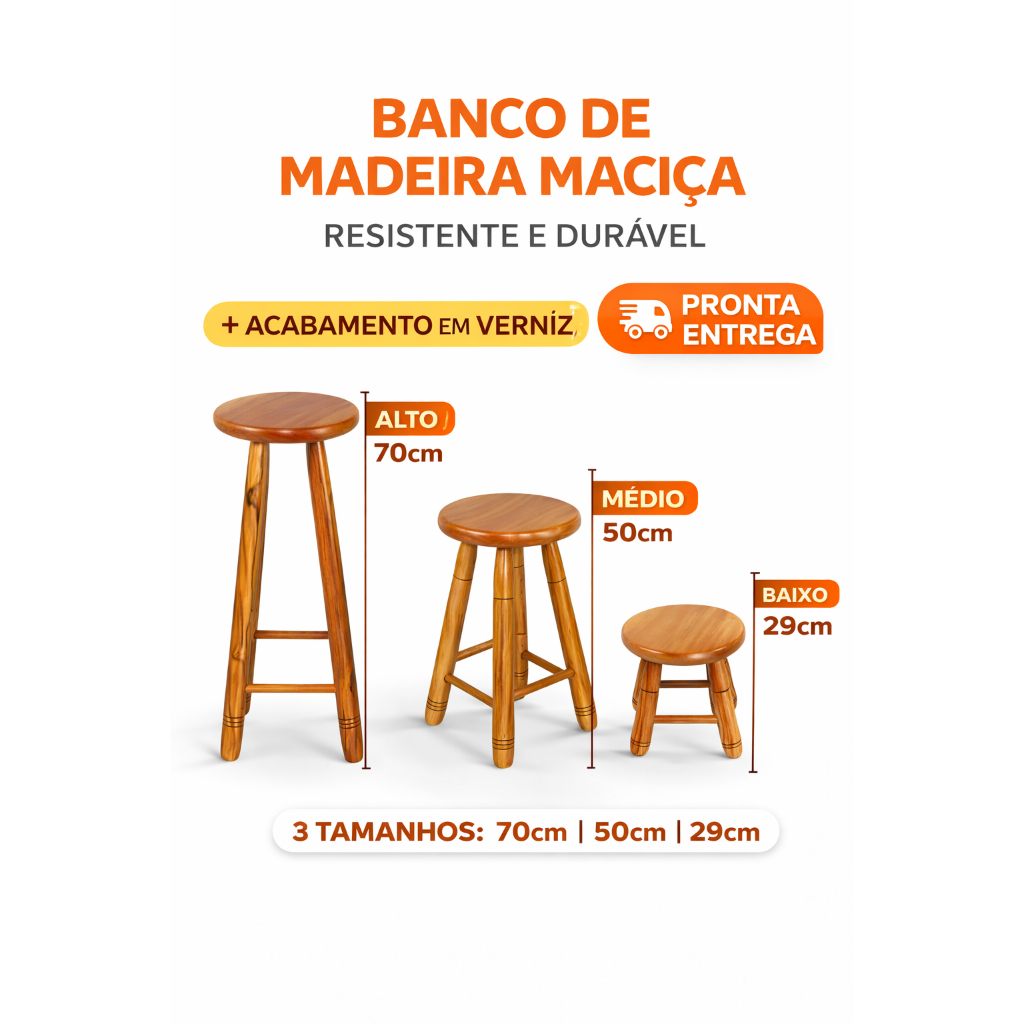 Banqueta de Madeira Maciça Banco Reforçado Com Verniz Alta Média Baixa Resistente Cozinha Balcão Bar