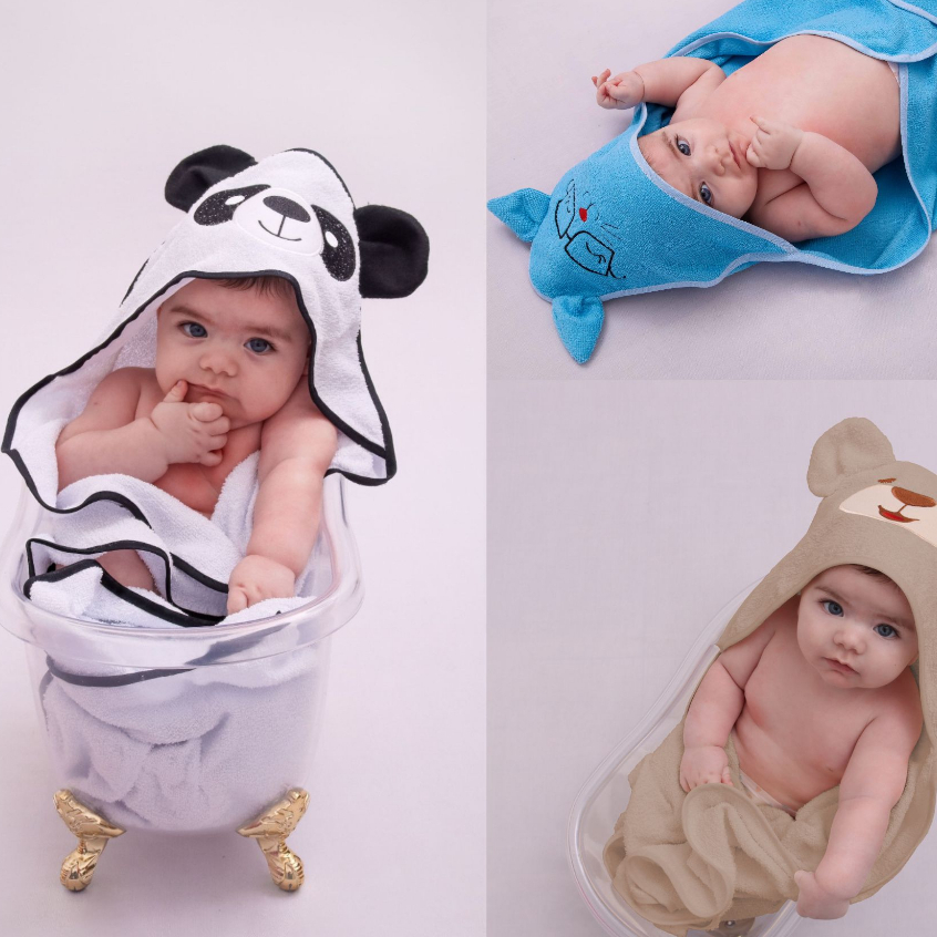 Toalha Felpuda Infantil com Capuz Bordada de Bichinho 70x70cm Enxoval de Bebe Roupa de bebe