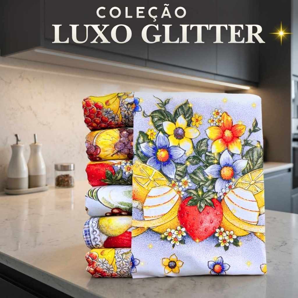 Kit 5 Pano De Prato Especial Luxo Estampa C/ Glitter 70x45cm Estampa Grande e Coloridas Cozinha Arte