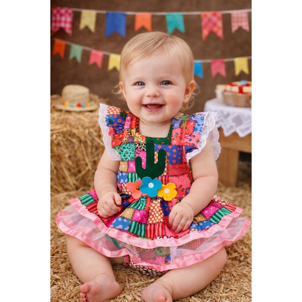 body romper junino caipira bebê baby menina colorido vestido junino festa junina caipira Borboletinhas Kids