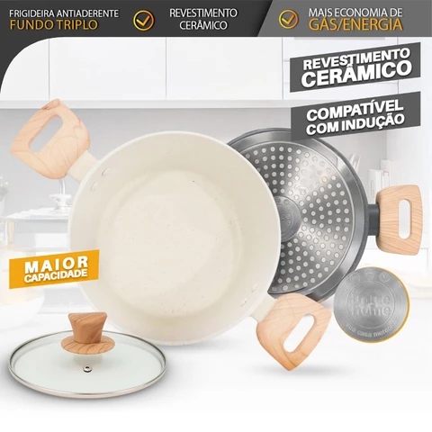 Caçarola Panela 4,3L Antiaderente Fundo Triplo com Tampa de Vidro – Cabo Madeira