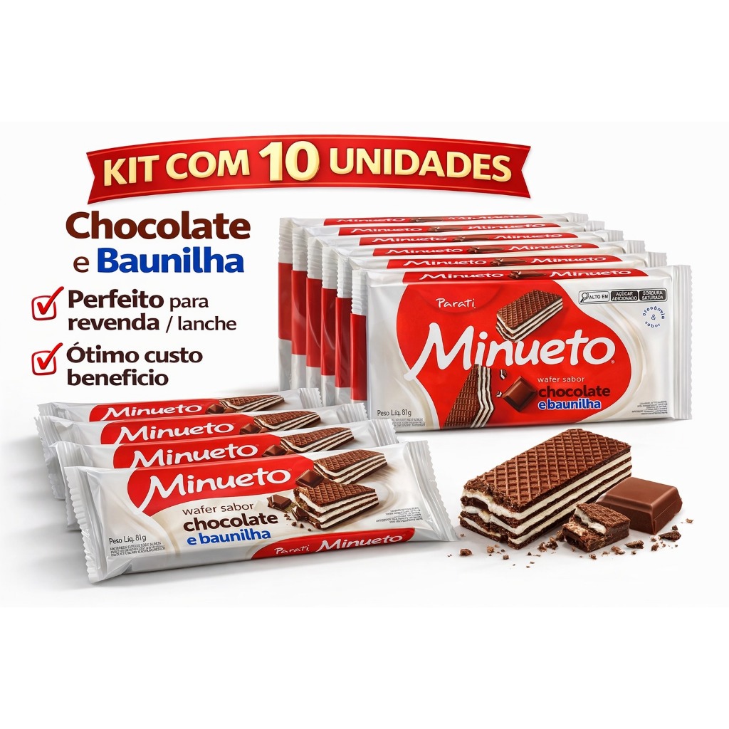 Pack 10un Biscoito Wafer Recheado Parati Sabor Chocolate e Baunilha - Nova Embalagem