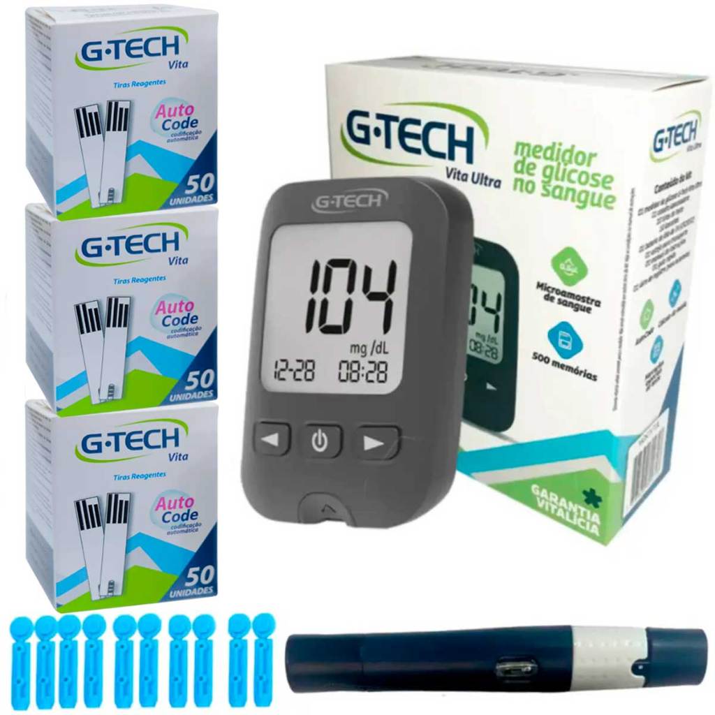 Kit Medidor De Glicose G-tech Vita Ultra C/ Lancetador + 160 Tiras + 10 Lancetas + Estojo Transporte