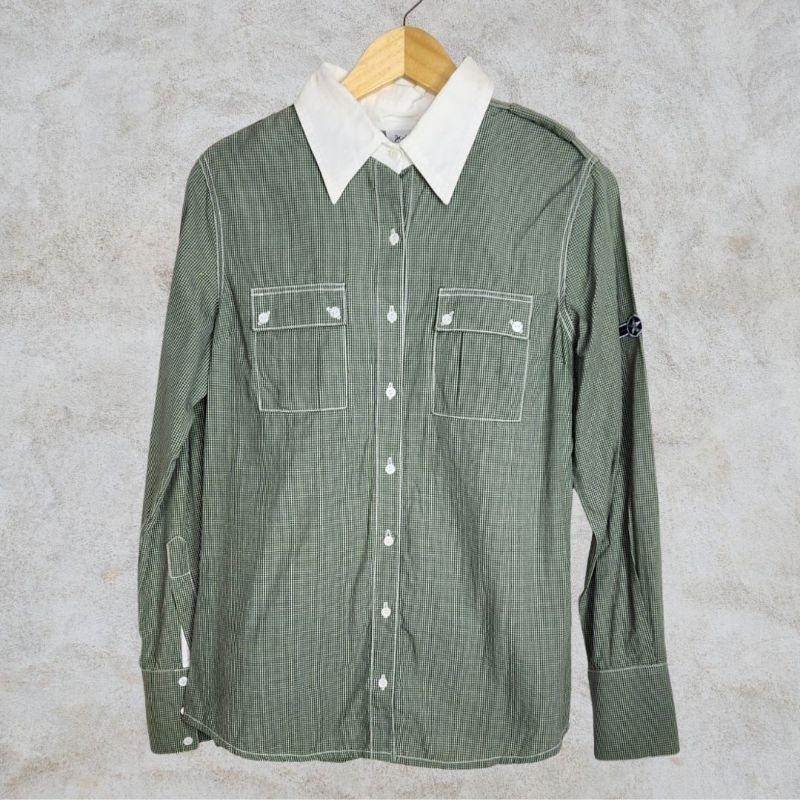 Camisa feminina brechó Daslu verde militar xadrez algodão manga longa bolsos