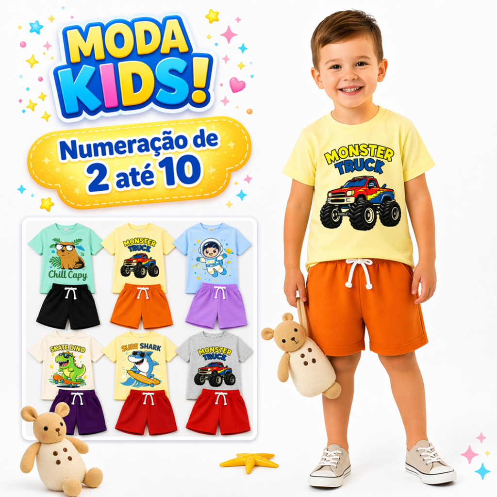 Kit total 10 Peças 5 conjuntos Roupa Infantil Menino Verão 5 Bermudas e 5 Camisetas Conjunto Criança