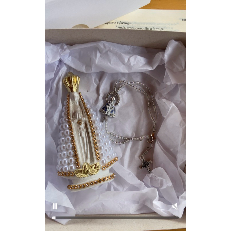 Kit Nossa Senhora Aparecida 10cm + Terço de Pulso Religioso Fé Proteção Presente Católico