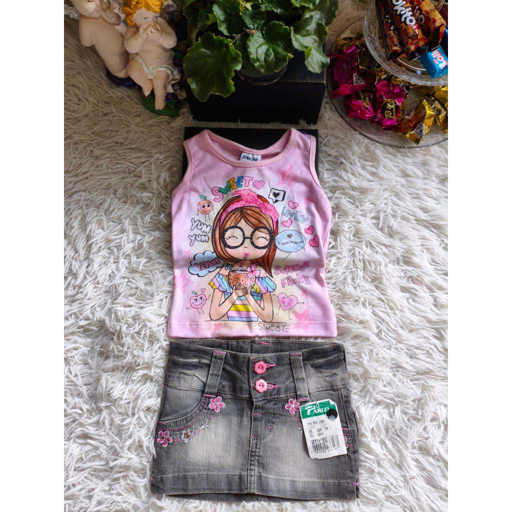 Conjunto Infantil Feminino, (Blusa Regata Rosa+ Minissaia Jeans) Tam: 1, Marca: Bauerbauer1977
